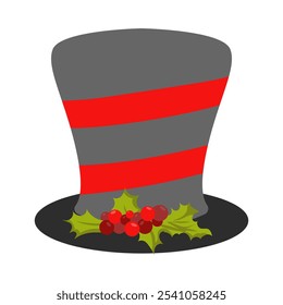 Christmas top hat in flat design. Elegance black cap with holly for holiday. Vector illustration isolated.