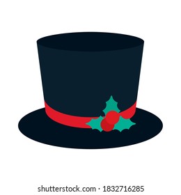 christmas top hat with holy berry decoration icon over white background, flat style, vector illustration