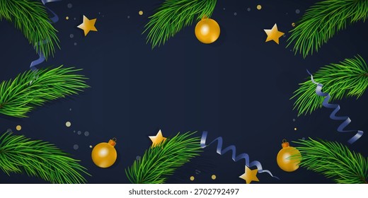 Weihnachtskarte mit leerer Mitte. Mockup für Ihr Weihnachtsdesign. Dekorationen auf schwarzblauem Hintergrund