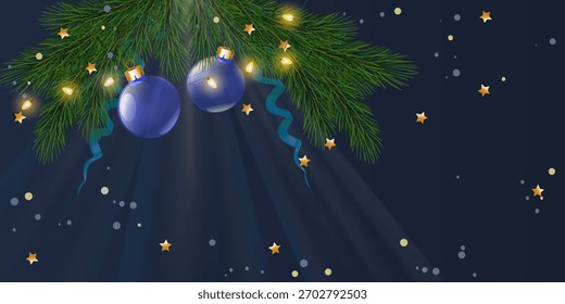 Christmas top view card with empty  in center and spot  light. Mockup for your xmas design. Decorations on dark blue background