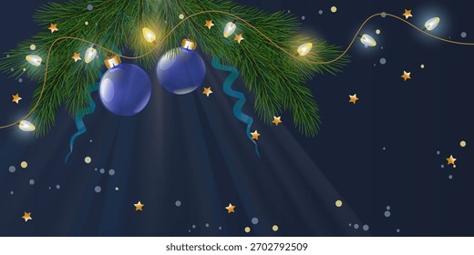 Tarjeta de vista superior de Navidades con vacío en el centro y luz puntual. Maqueta para su diseño de Navidad. Decoraciones sobre fondo azul negro