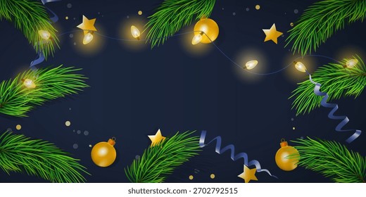 Christmas top view card with empty  in center and lights. Mockup for your xmas design. Decorations on dark blue background
