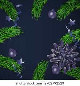 Christmas top view card with empty  in center. Mockup for your design. Decorations on black background