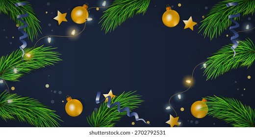 Tarjeta de vista superior de Navidades con vacío en el centro y luces. Maqueta para su diseño de Navidad. Decoraciones sobre fondo azul negro