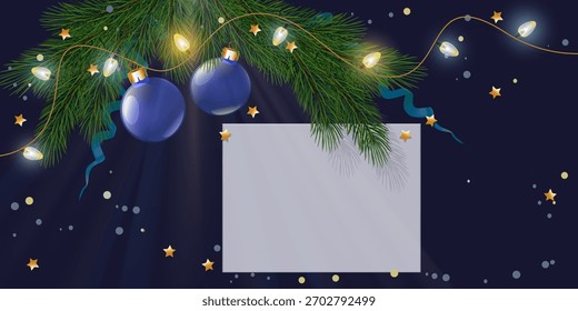 Navidades vista superior con tarjeta vacía y luz puntual. Maqueta para su diseño de Navidad. Decoraciones sobre fondo azul negro.