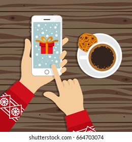 Christmas Top View Vector Illustration. Hands With Phone Choosing A Gift And Coffee Cup On Wooden Table.