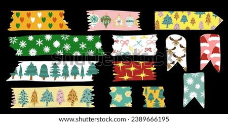 Christmas Torn Washi Tape Collection. Colorful Washitape Xmas Set. Different pieces of paper in retro style. New year winter scrapbook stripes, sticky tags, scotch strip. Isolated Vector Illustration