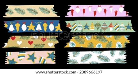 Christmas Torn Washi Tape Collection. Colorful Washitape Xmas Set. Different pieces of paper in retro style. New year winter scrapbook stripes, sticky tags, scotch strip. Isolated Vector Illustration