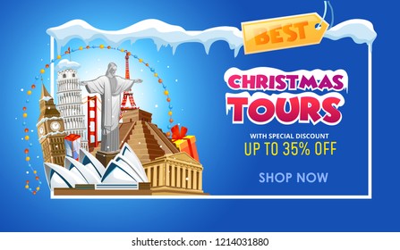 Christmas tours banner design for travel agency. Vector illustration