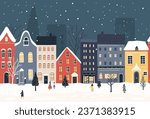 Christmas town border, european houses street with falling snow. Winter night city scene, seamless vector illustration for greeting card design.