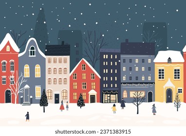 Christmas town border, european houses street with falling snow. Winter night city scene, seamless vector illustration for greeting card design.