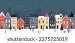 Christmas town border, seamless panoramic scene for seasonal greetings, packaging. Facades of european houses, falling snow and celebrating people. Vector illustration of decorated city