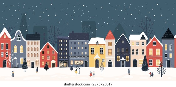 Christmas town border, seamless panoramic scene for seasonal greetings, packaging. Facades of european houses, falling snow and celebrating people. Vector illustration of decorated city