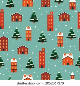 Christmas town building seamless pattern. Flat vector cartoon design