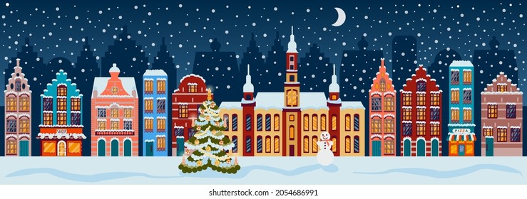 Christmas town city panorama. Winter Christmas Village night  landscape.  Happy new year winter old town street xmas tree and snowman. Vector illustration of a flat cartoon