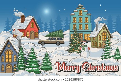 Christmas town colorful vintage banner with snowdrifts on roads near houses and xmas trees under night sky vector illustration