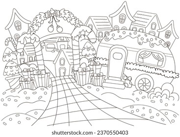 Christmas town coloring page for kids and adults with houses and camping vehicle with christmas tree and sweets, new year themed outline art for postcard design, winter holiday printable activity