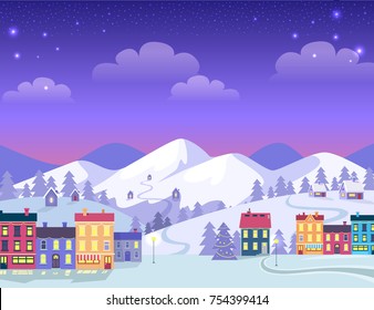 Christmas town in evening with many decorated buildings. Vector cartoon illustration of greeting card with snowy mountains and different spruces on them on background. Happy winter holidays.