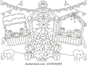 Christmas town fair with christmas tree and gifts coloring page for kids and adults, new year themed outline art for postcard design, winter holiday printable activity