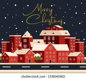 ciudad navideña en diseño plano ilustración vectorial, tarjetas de felicitación feliz Navidad y feliz año nuevo