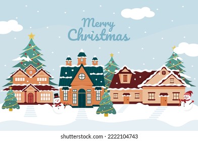 Christmas Town In Flat Illustration Design. Christmas Town Concept Celebration. Vintage Christmas Winter Town Vector Illustration