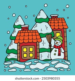 Christmas town hand drawn flat illustration. Winter village. Snowy Christmas trees. Snowfall. Snowman with a broom. Gingerbread houses. Vector doodle postcard.