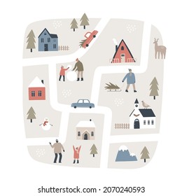 Christmas town map with people doing winter activities. Hand drawn vector illustration.