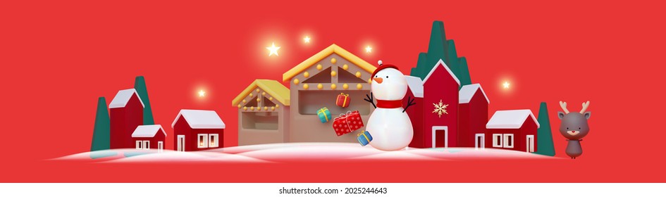 Christmas town. Merry Christmas and Happy New Year 3D concept with Santa Claus, Snowman, Deer, houses, stalls and fir trees. Cute toy design.