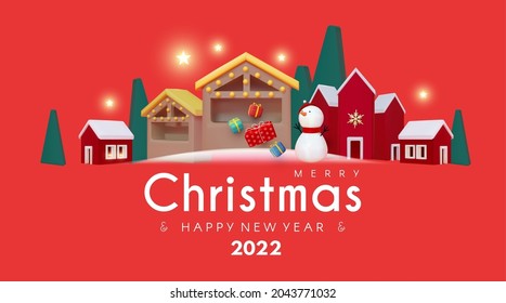 Christmas town. Merry Christmas and Happy New Year 3D concept with Santa Claus, Snowman, Deer, houses, stalls and fir trees. Cute toy design.