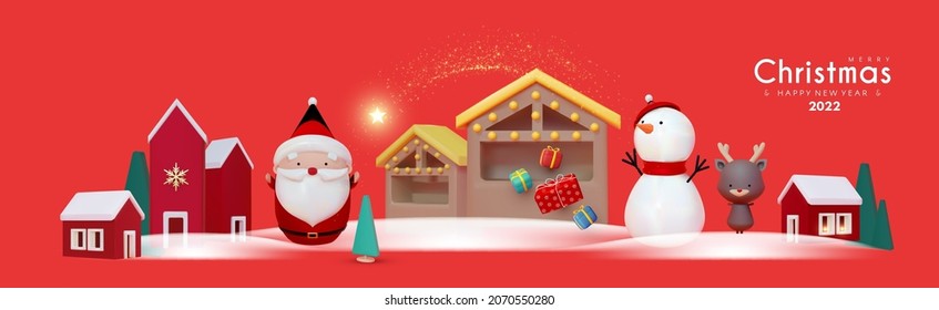 Ciudad de Navidad. Feliz Navidad y Feliz Año Nuevo concepto 3D con Santa Claus, Snowman, venado, casas, puestos y abetos. Diseño de juguete lindo.