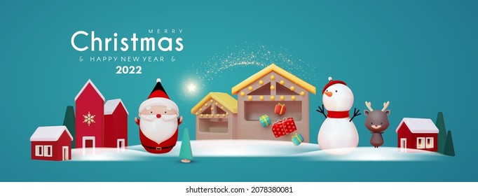 Christmas town. Merry Christmas and Happy New Year 3D concept with Santa Claus, Snowman, Deer, houses, stalls and fir trees. Cute toy design.