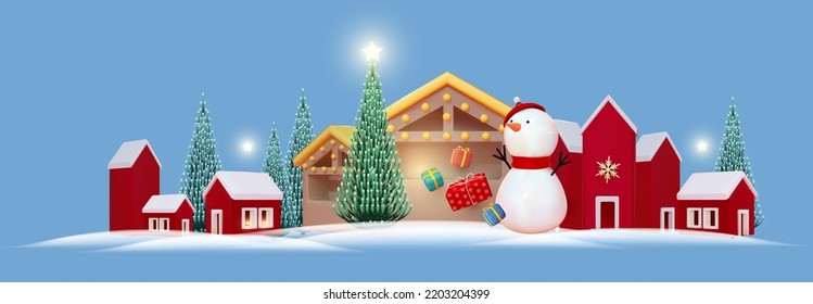 Christmas town. Merry Christmas and Happy New Year 3D concept with Santa Claus, Snowman, houses, stalls and fir trees