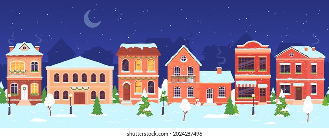 Christmas town. Night winter wonderland street with houses decorated for holidays and New year. Snow village landscape vector scene. Illustration street town landscape, architecture village facade