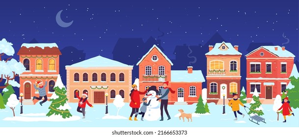 Christmas town. Old city street with people celebrating christmas and new year winter holidays. Cartoon children and family decorating fir tree, making snowman and sledging vector illustration