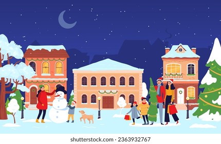 Christmas town, old city street with people, new year winter holidays. Vector of christmas city winter decoration, outdoor urban xmas illustration