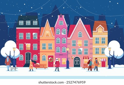 Christmas town panorama with people in the night. Winter landscape with houses. Christmas winter old town street. christmas town city panorama. Snowy winter, vector illustration. Christmas background