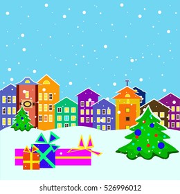 A christmas town with presents and christmas trees