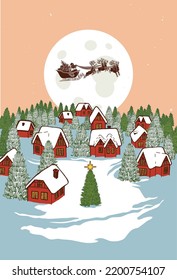 Christmas town with red houses and pine trees and decorated christmas tree in the center and Santa Claus sleigh flying over the moon.