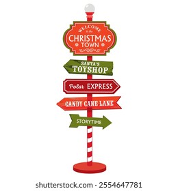 A Christmas town sign on a pole with a street lamp. Christmas road sign with arrows Santa's toyshop, polar express, candy cane line, Storytime. Illustrated vector clipart.