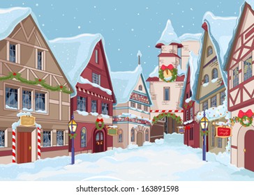 Christmas Town Street At Winter Day