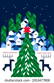 Christmas town with Christmas tree, deer, starry sky. Geometric, Modern, Minimalist style. Corporate Holiday cards, invitations, backgrounds, greeting, posters, covers, print. Sketch Vector 