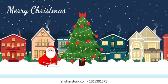 Christmas town with christmas tree. Houses in the snow and these are cottages. Winter Christmas houses front view of snow-covered buildings. Vector illustration