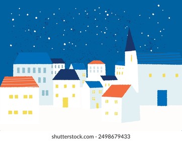 Christmas town, white houses with red and blue roofs, falling snow, greeting card template.