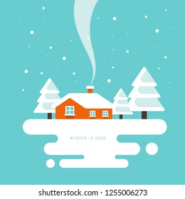 Christmas in town and winter landscape flat design concept background decorative with small house and pine trees covered in white snow, vector illustration