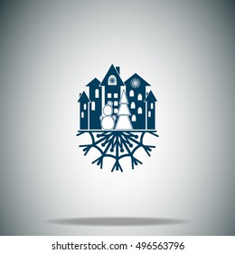 Christmas town with xmas tree and snowman stands on a snowflake vector icon