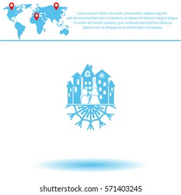 Christmas town with xmass tree and snowman stands on a snowflake  icon. Vector design. 