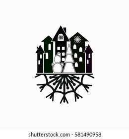 Christmas town with xmass tree and snowman stands on a snowflake  icon Vector design
