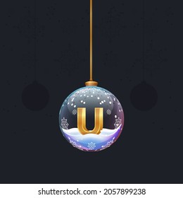 Christmas toy ball with a golden 3D letter inside. New year tree decoration. Element for design banner, flyer or any advertising