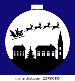 Christmas toy ball with Santa on a sleigh over the city in style . Vector illustration.