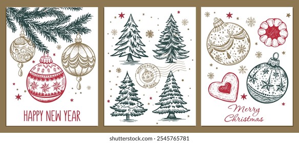 Christmas toy, ball, tree, set, Hand drawn illustration